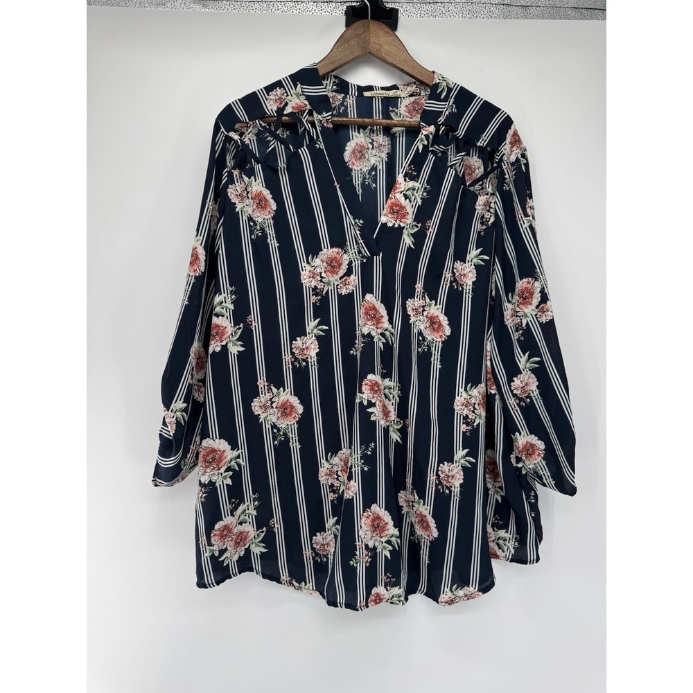 Liberty Love Floral Blouse 2X Blue Striped Country Cottagecore Maximalist Plus